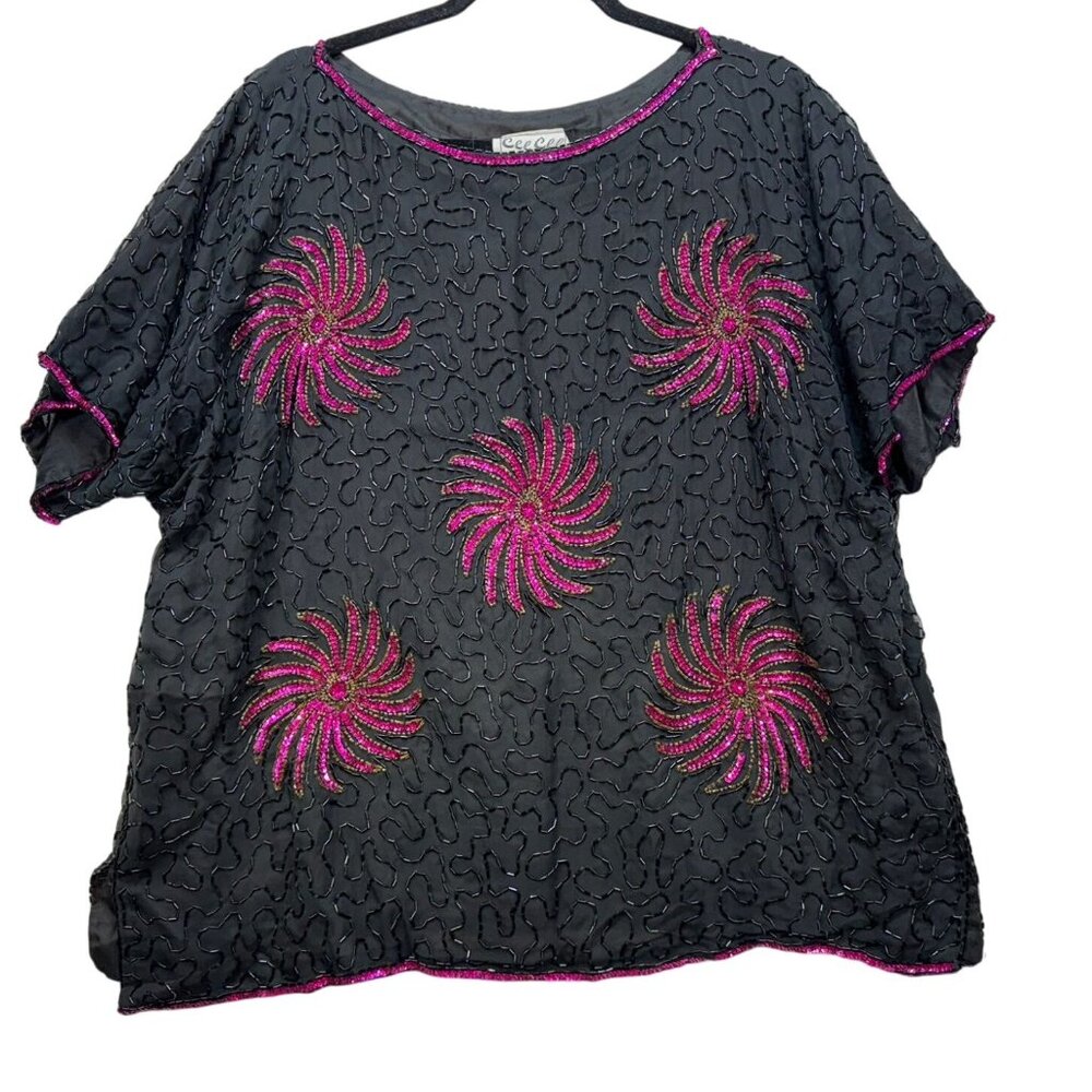 Vintage Cee Cee Silk Blouse Size 24 Black Pink & Gold Embellishments